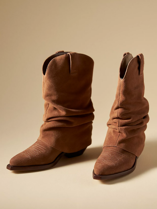 Brown Faux Suede Almond-Toe Slouchy Fold-Over Wide Mid Calf Cowgirl Boots