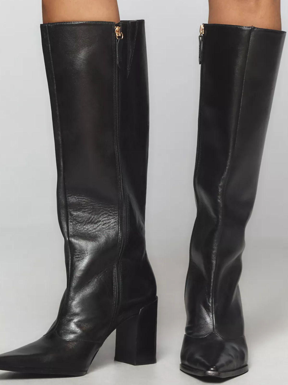 Black Vegan Leather Pointed-Toe Full-Zip Mid Calf Boots