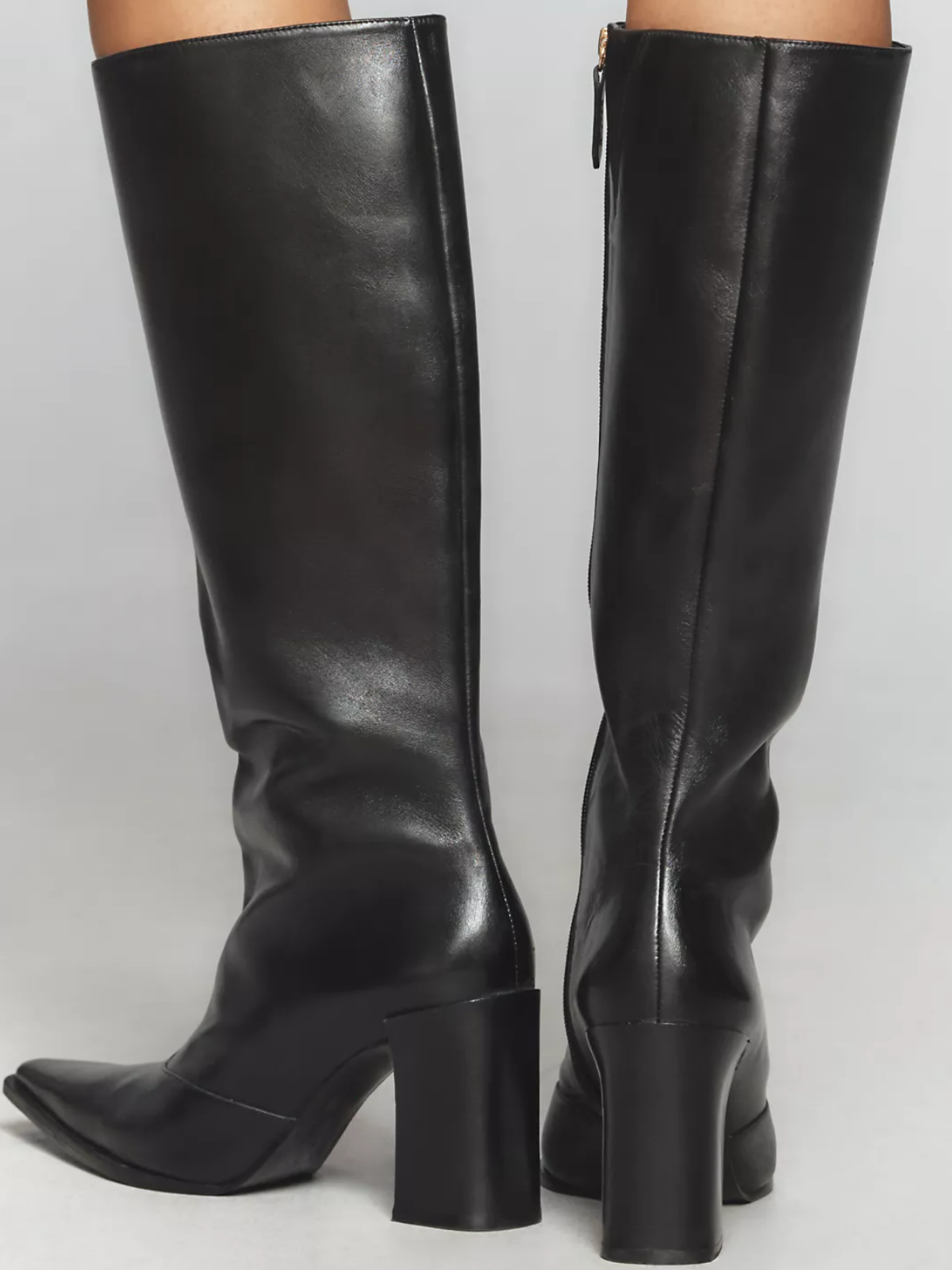 Black Vegan Leather Pointed-Toe Full-Zip Mid Calf Boots