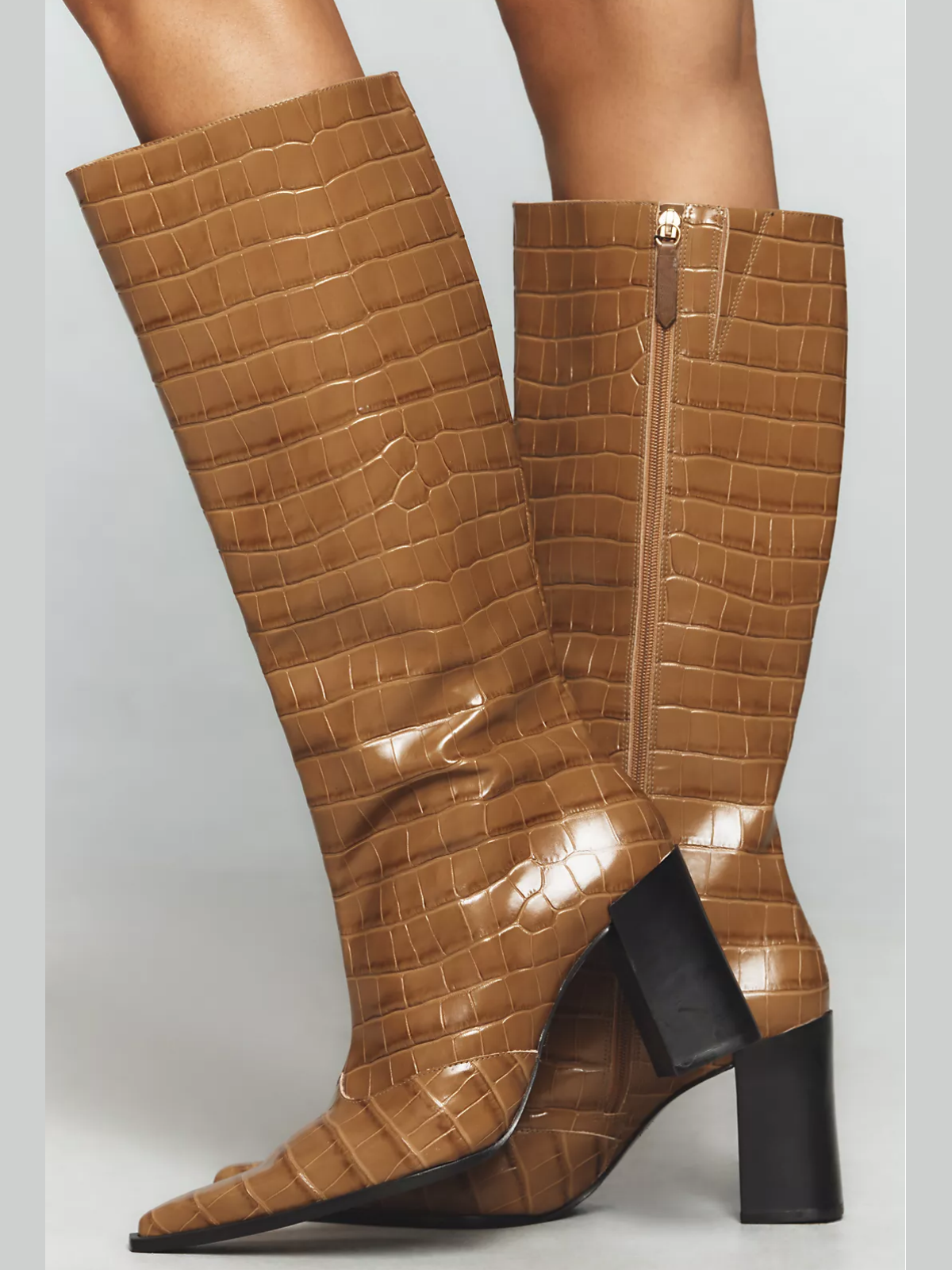 Brown Crocodile-Embossed Pointed-Toe Full-Zip Mid Calf Boots