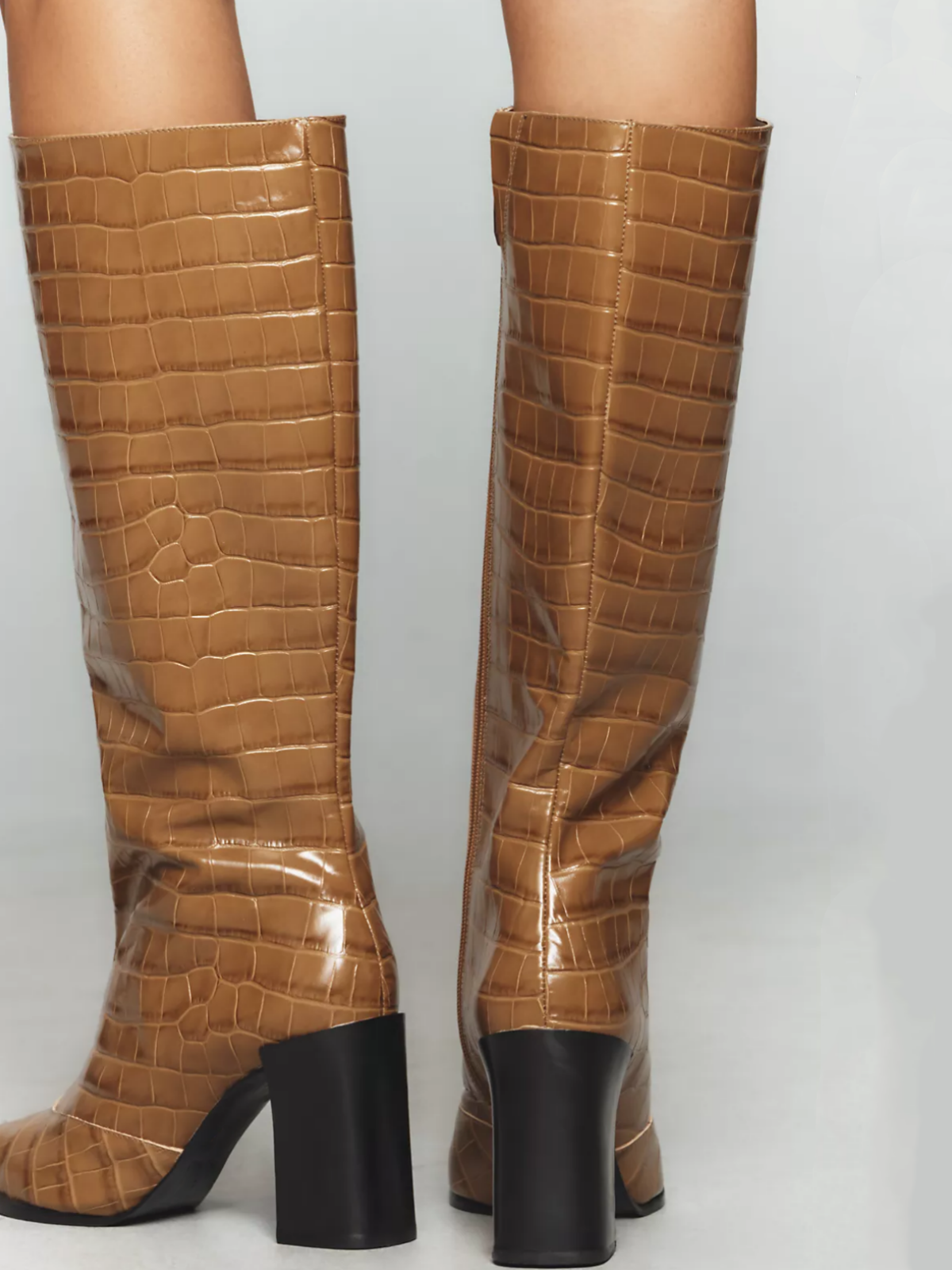 Brown Crocodile-Embossed Pointed-Toe Full-Zip Mid Calf Boots