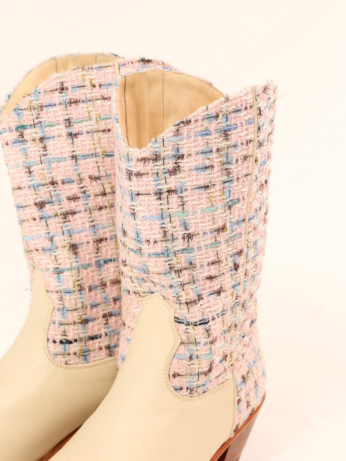 Beige Vegan Leather Contrast Blue Plaid Fabric Back-Zip Mid Calf Cowgirl Boots