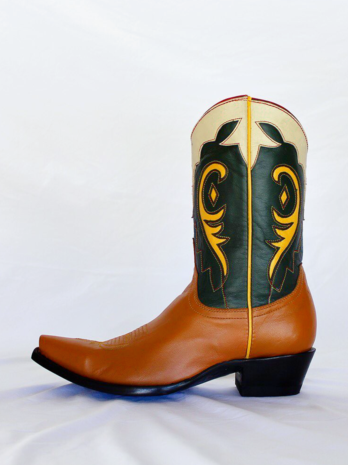 Contrast Tri-Color Snip-Toe Yellow Inlay Wide Mid Calf Cowgirl Boots