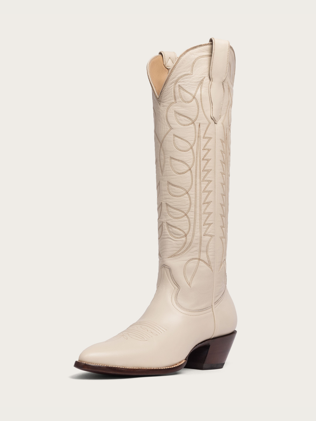 Bone Embroidery Almond-Toe Wide Mid Calf Tall Cowboy Boots For Women