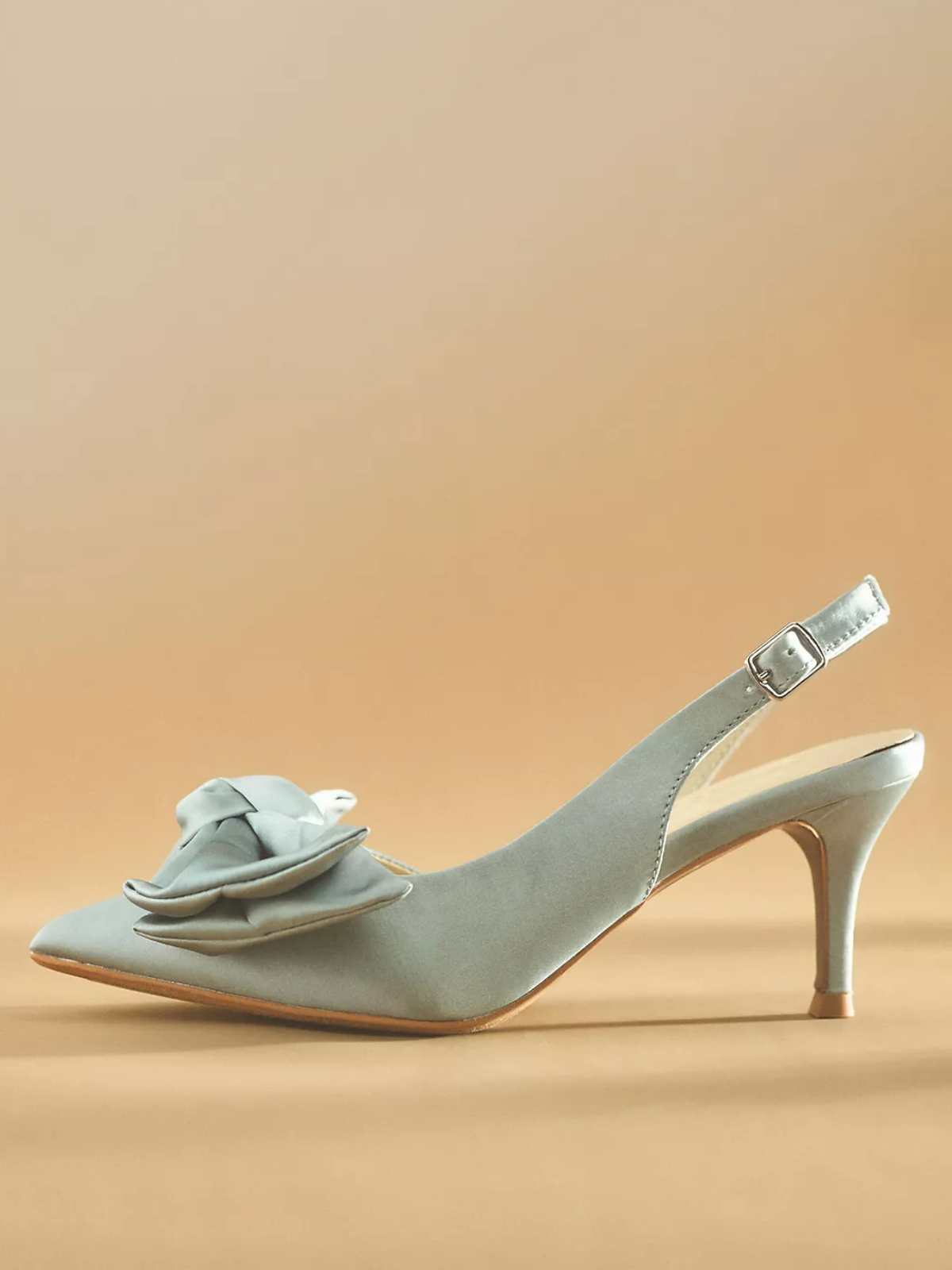 Light Blue Satin Pointed-Toe Slingback Bow Pump Kitten Heels