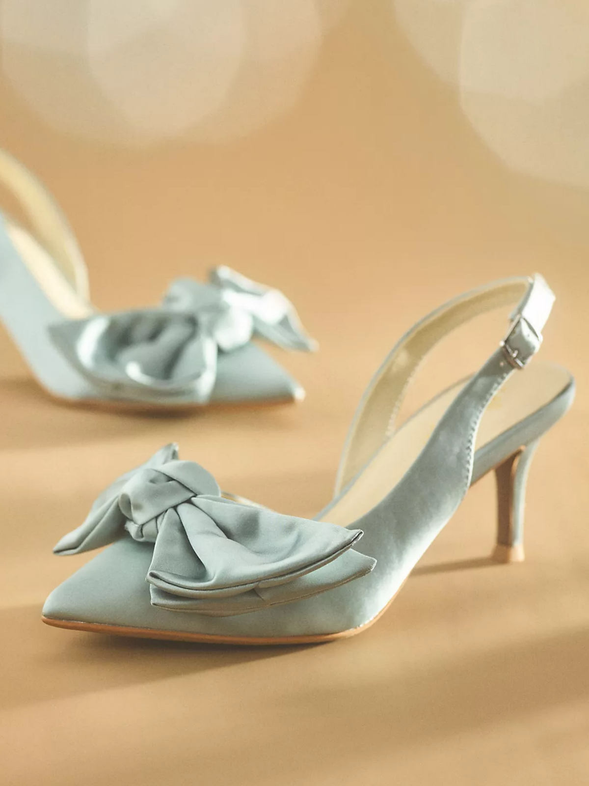 Light Blue Satin Pointed-Toe Slingback Bow Pump Kitten Heels