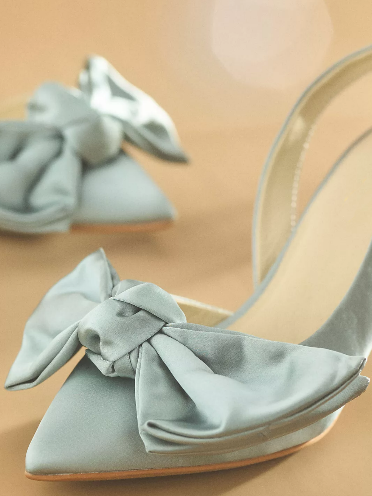 Light Blue Satin Pointed-Toe Slingback Bow Pump Kitten Heels