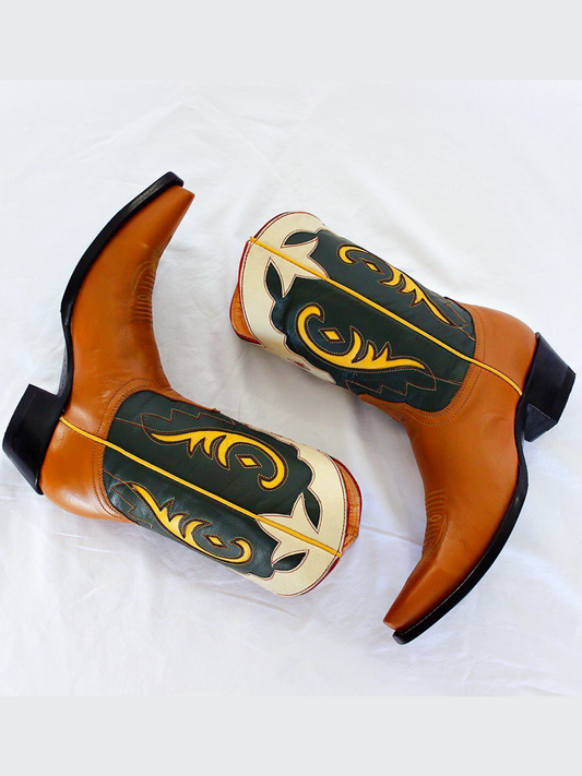 Contrast Tri-Color Snip-Toe Yellow Inlay Wide Mid Calf Cowgirl Boots