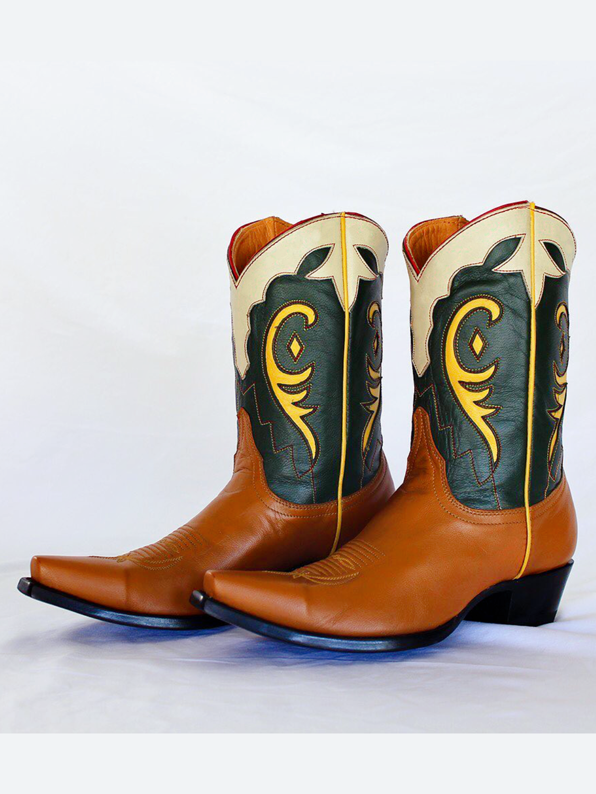 Contrast Tri-Color Snip-Toe Yellow Inlay Wide Mid Calf Cowgirl Boots