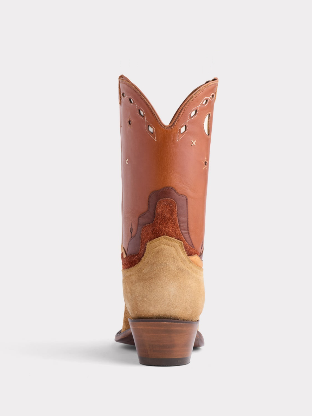 Sand Contrast Vegan Leather And Faux Suede Cactus Applique Moon Star Inlay Wide Mid Calf Cowgirl Boots