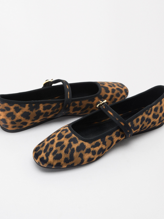 Leopard Print Cloth Square-Toe Bridge Strap Closure With Buckle Ballet Flats