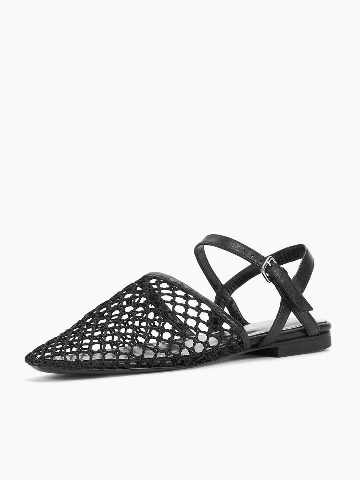 Black Netting Square Toe Flats Sandals With Ankle Strap