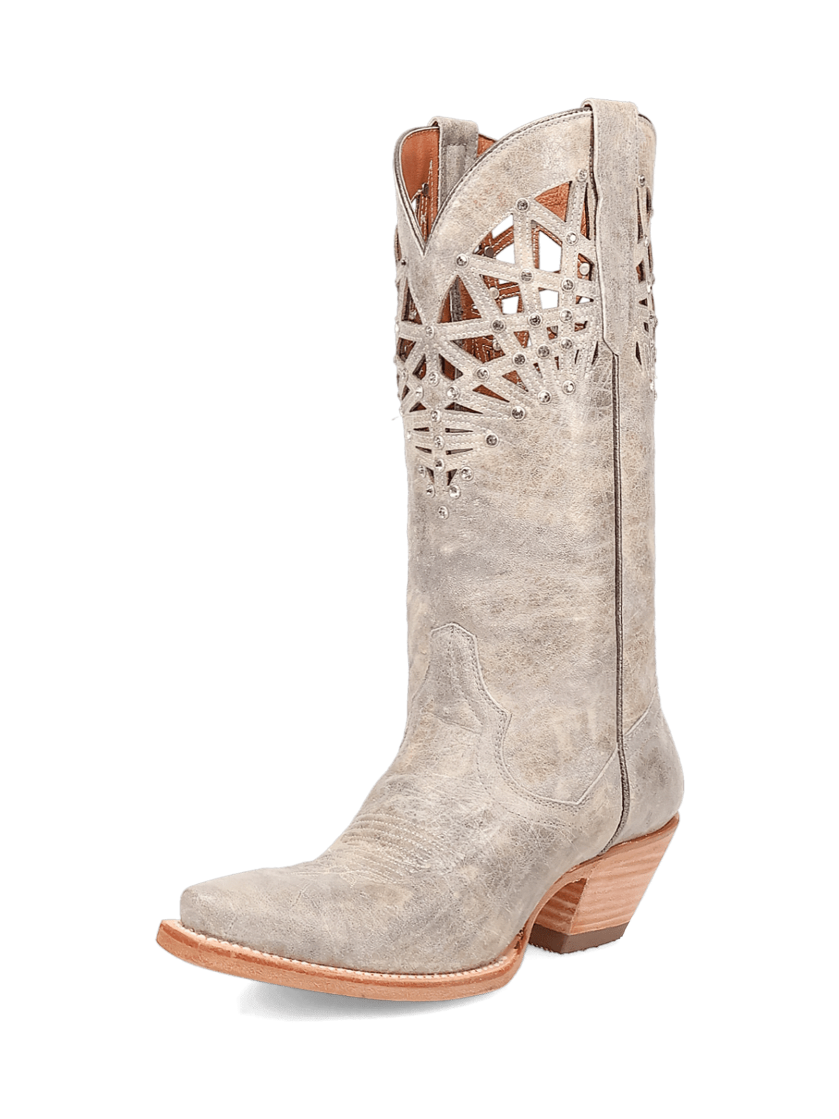 Distressed Gray Snip-Toe Cutout Crystal Wide Mid Calf Cowgirl Boots