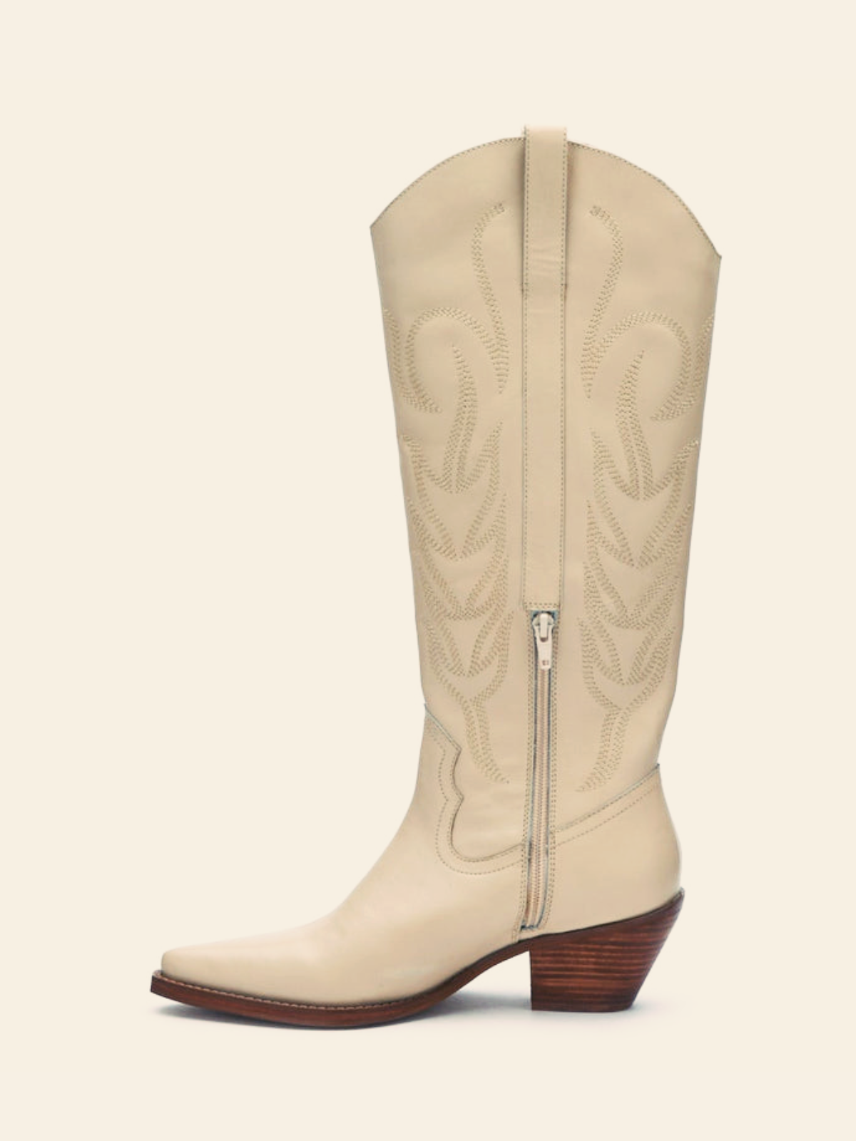 Ivory Embroidery Half Zip Pointed-Toe Cowgirl Boots Mid Calf Western Tall Boots