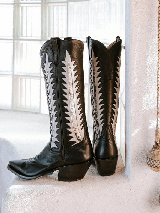 Contrast Black And Snakeskin Vegan Leather Leaf Inlay Wide Calf Tall Knee High Cowgirl Boots