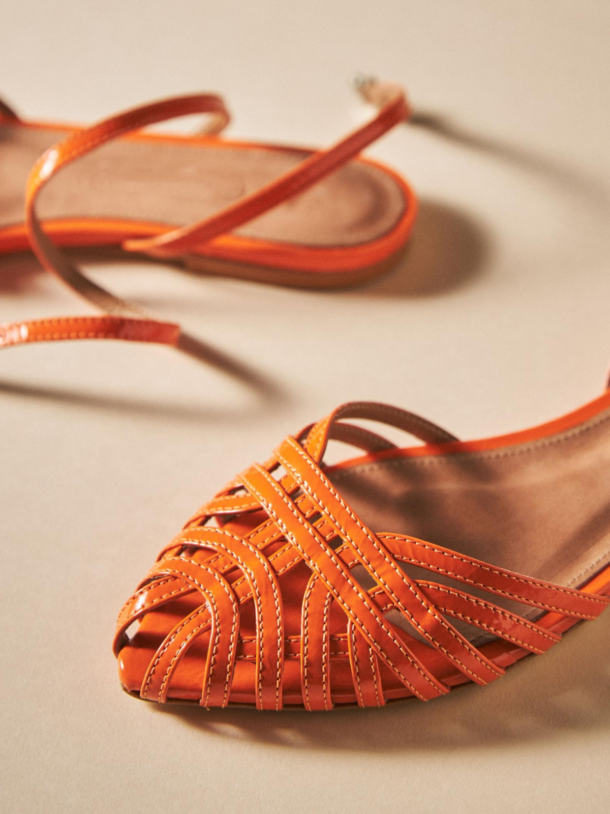 Orange Strappy Flats Pointy Closed Toe Sandals With Wrap Ankle Strap