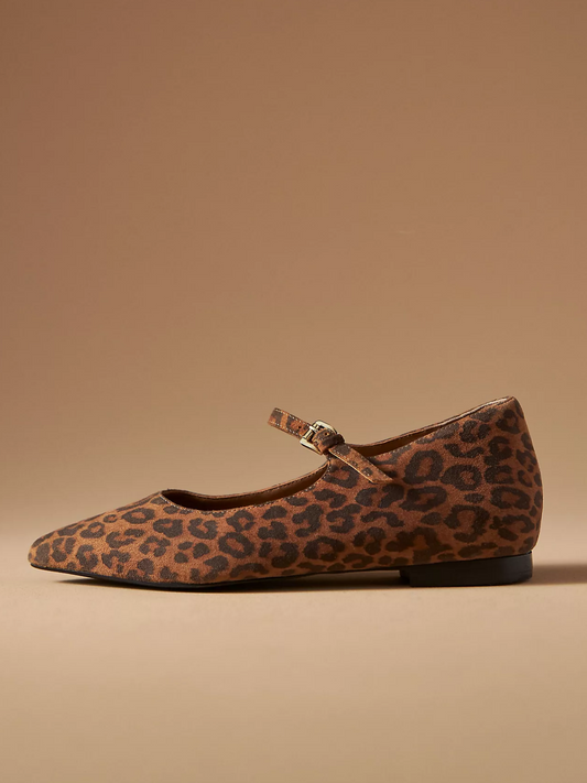 Leopard Faux Suede Pointed-Toe Bridge Strap Mary Janes Ballet Flats