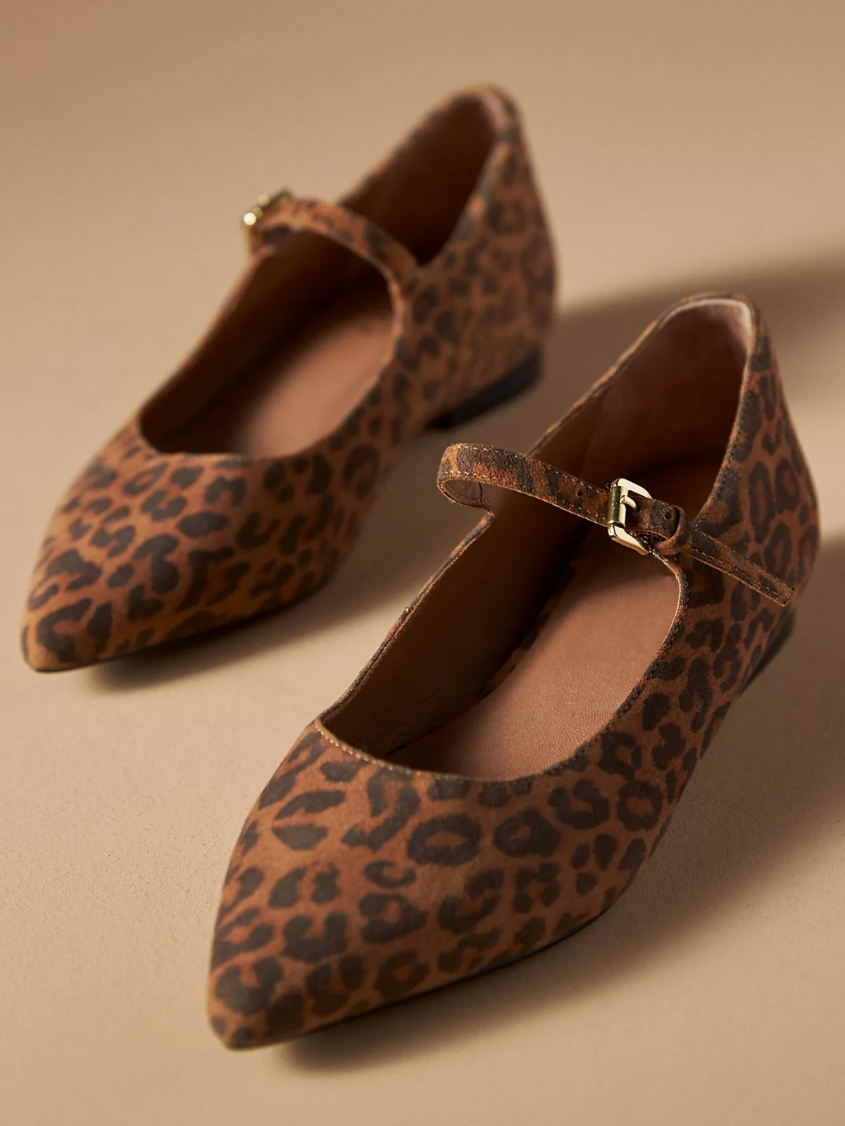 Leopard Faux Suede Pointed-Toe Bridge Strap Mary Janes Ballet Flats