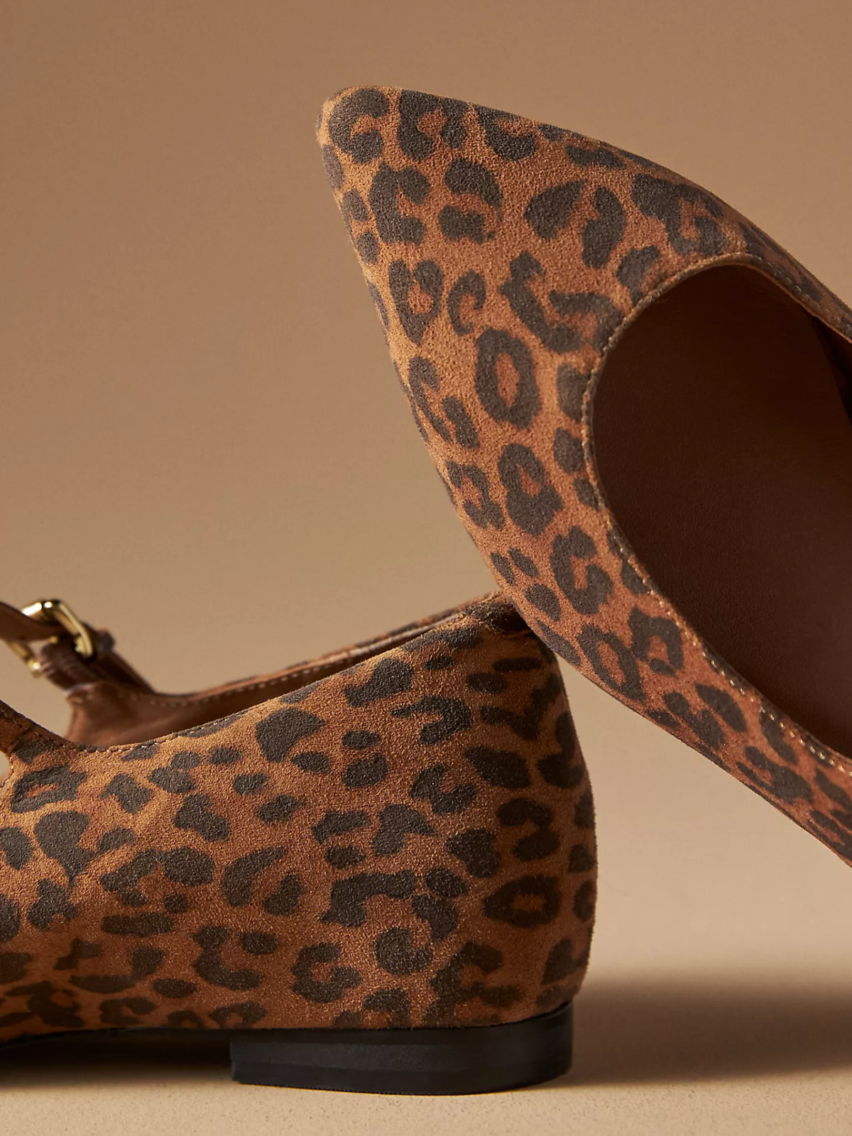 Leopard Faux Suede Pointed-Toe Bridge Strap Mary Janes Ballet Flats