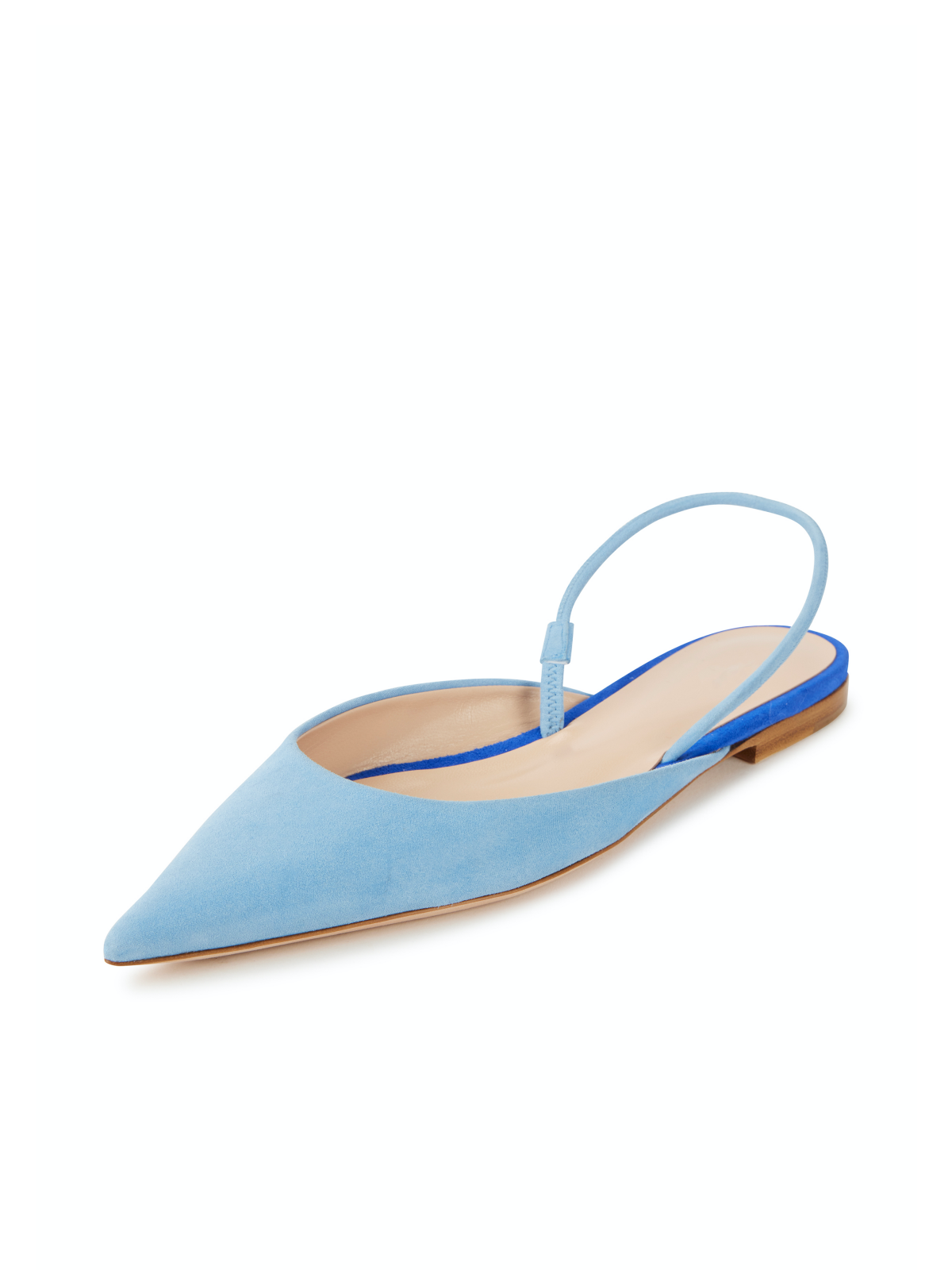 Blue Faux Suede Pointy Comfy Slingback Flats With Contrast Insole