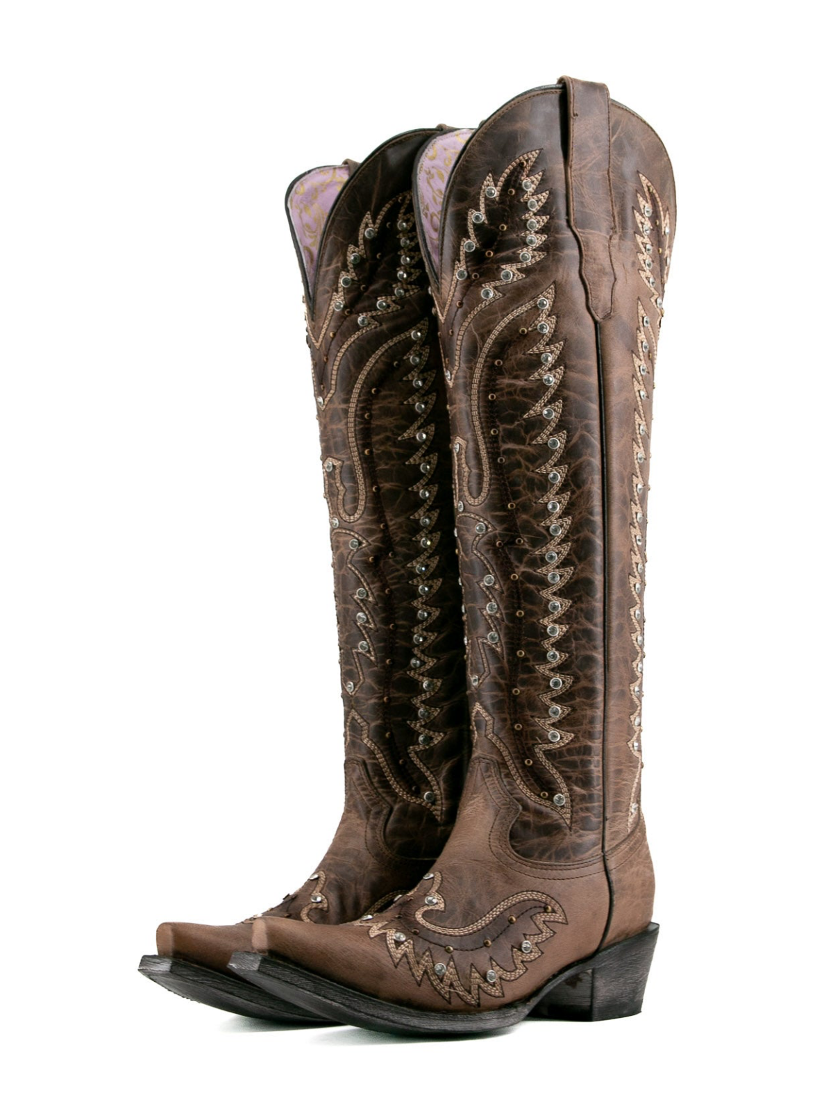 Distressed Tabaco Snip-Toe Studded Eagle Embroidery Half-Zip Knee High Cowgirl Boots