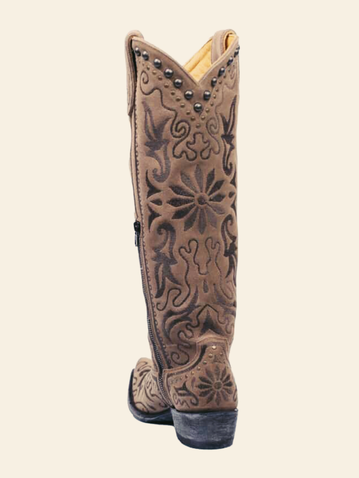 Light Brown Faux Suede Snip-Toe Complex Embroidery Studded Half-Zip Knee High Cowgirl Boots