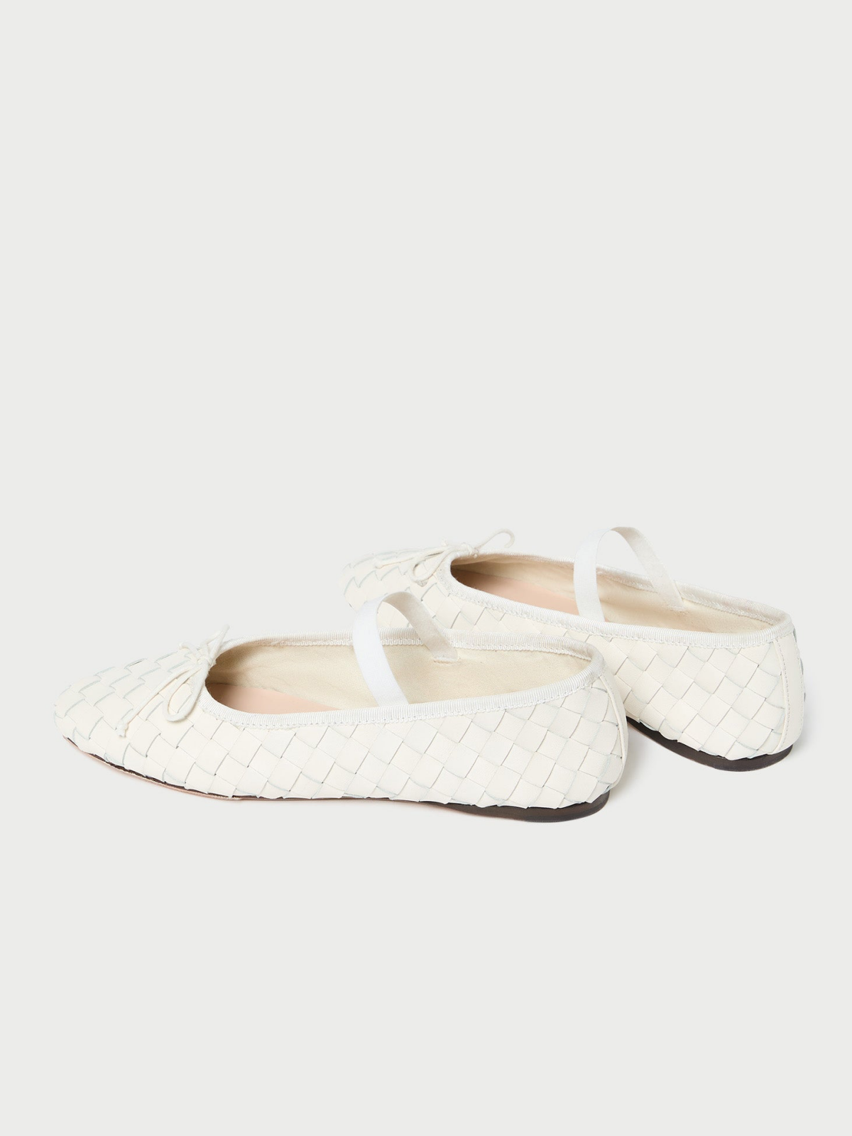 White Woven Bow Round-Toe Ballerina Flats Mary Janes With Elastic Band