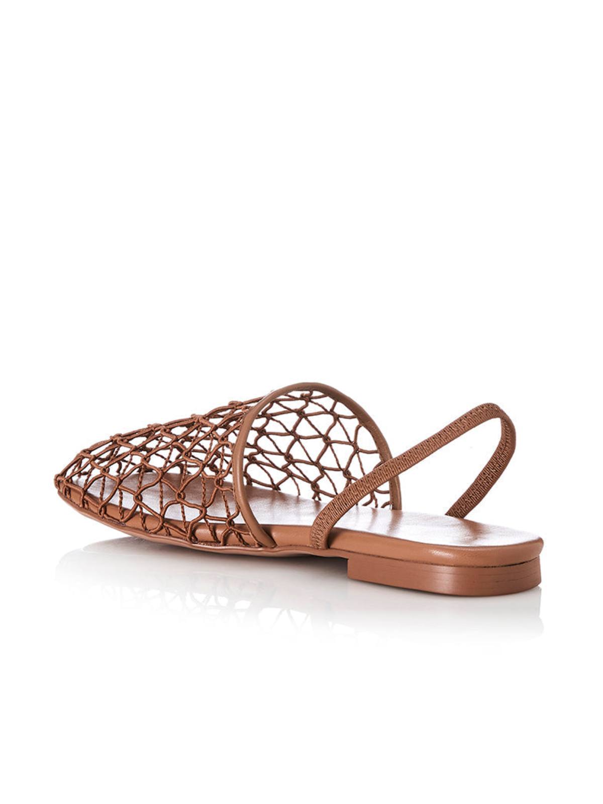 Pecan Brown Netting Round Toe Flats Slingbacks With Back Strap