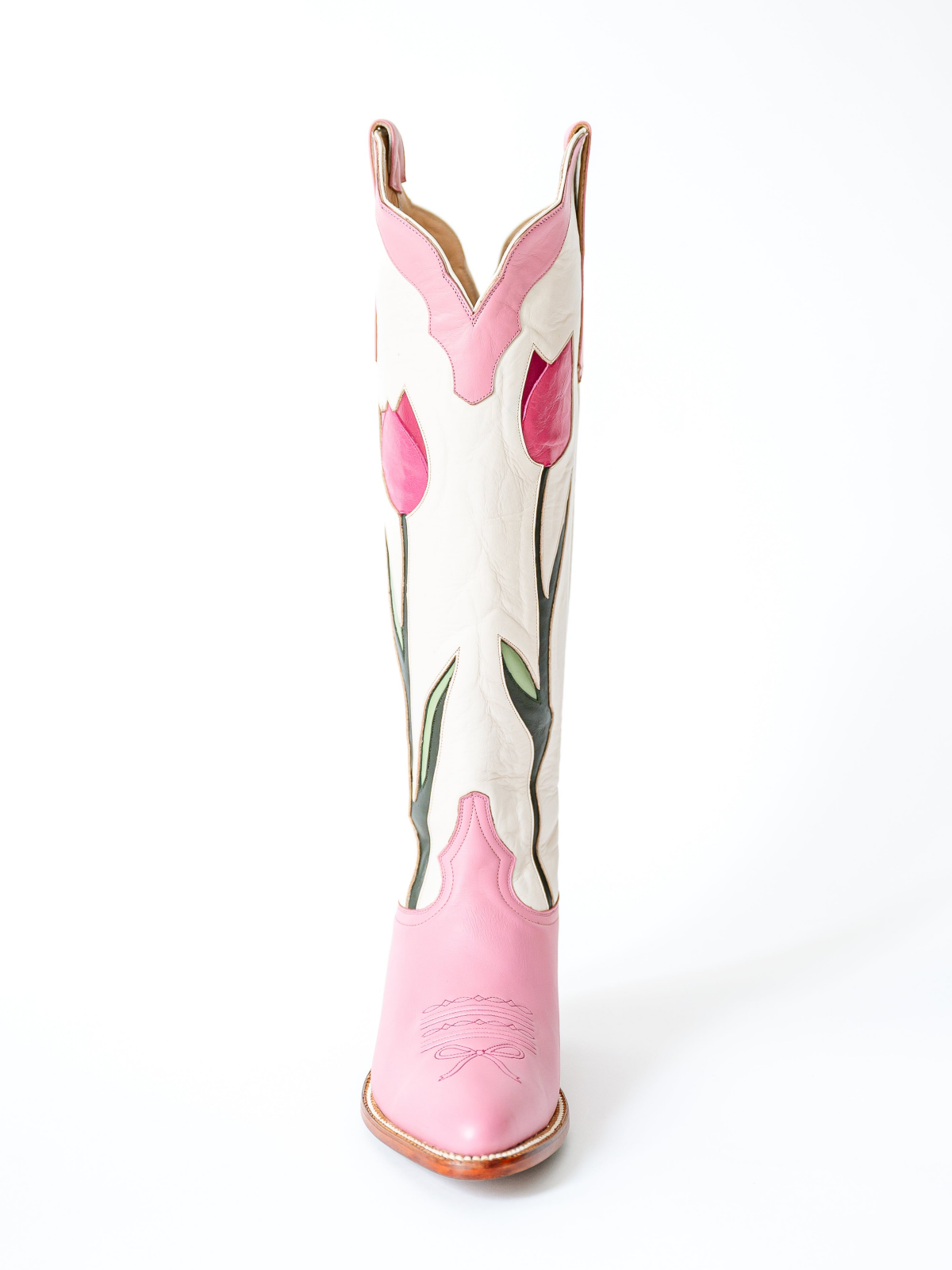 Contrast Pink And Ivory Almond-Toe Tulip Inlay Wide Calf Knee High Cowgirl Boots