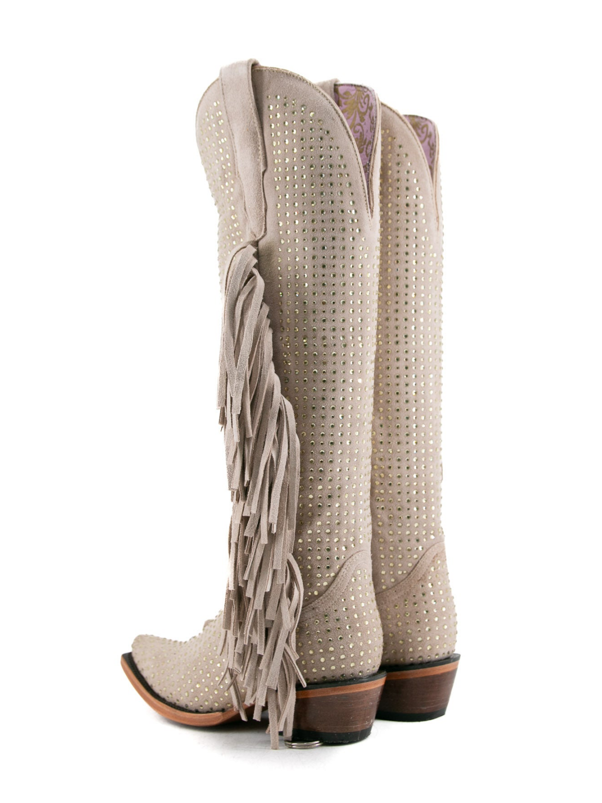 Beige Faux Suede Snip-Toe Half-Zip Fringe Rhinestone Knee High Tall Cowgirl Boots