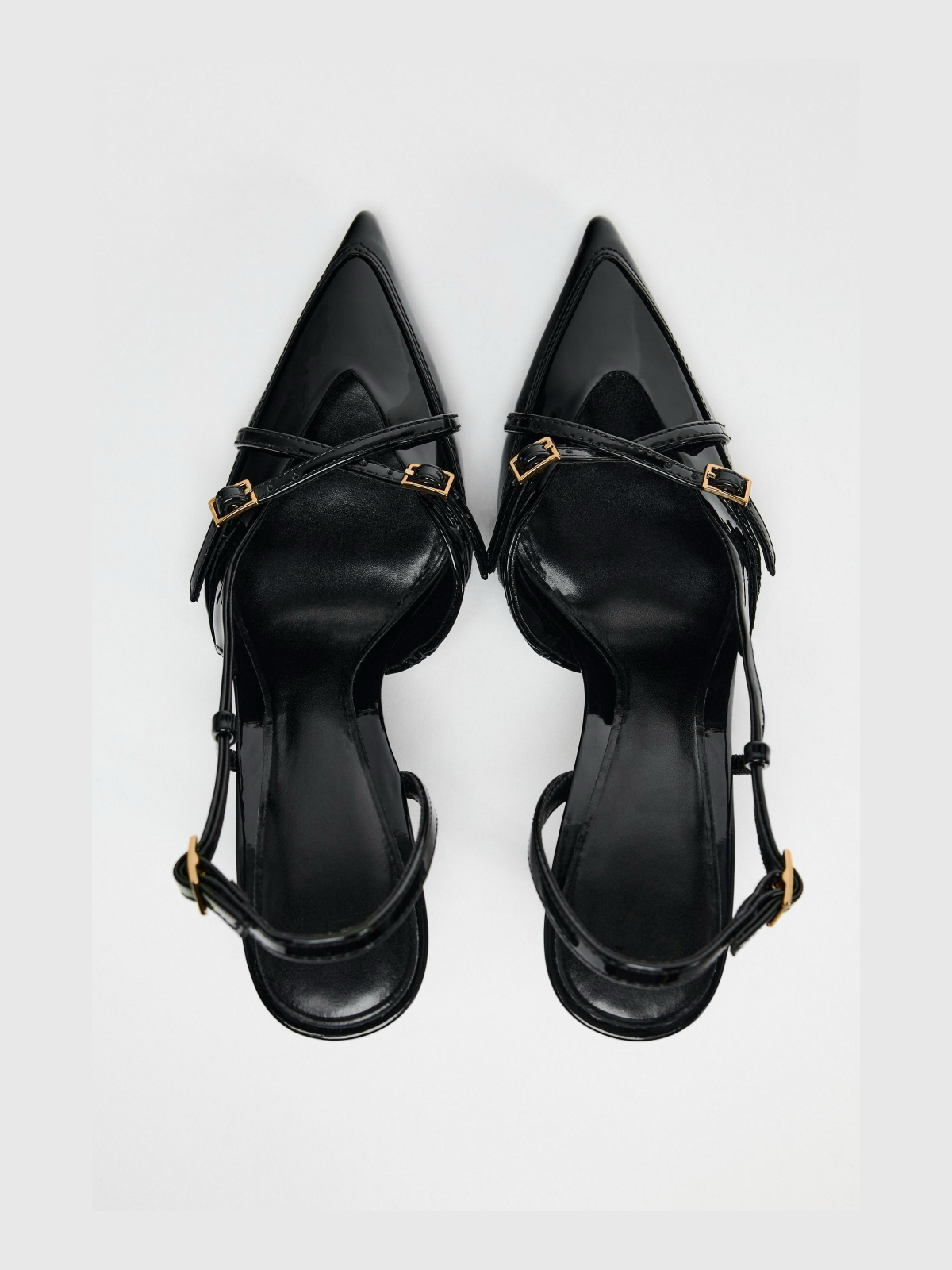 Black Patent Pointed-Toe Double Buckle Front Strap Slingback Pump High Heels