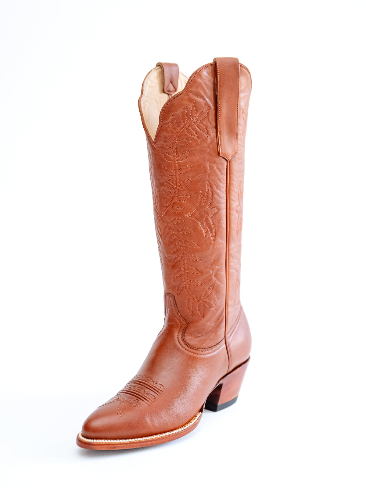 Leaves Embroidery Almond-Toe Wide Mid Calf Cowgirl Boots - Brandy