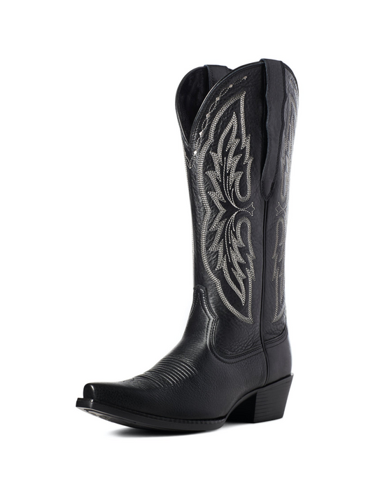 Black Snip-Toe Embroidery Wide Mid Calf Classic Cowgirl Boots