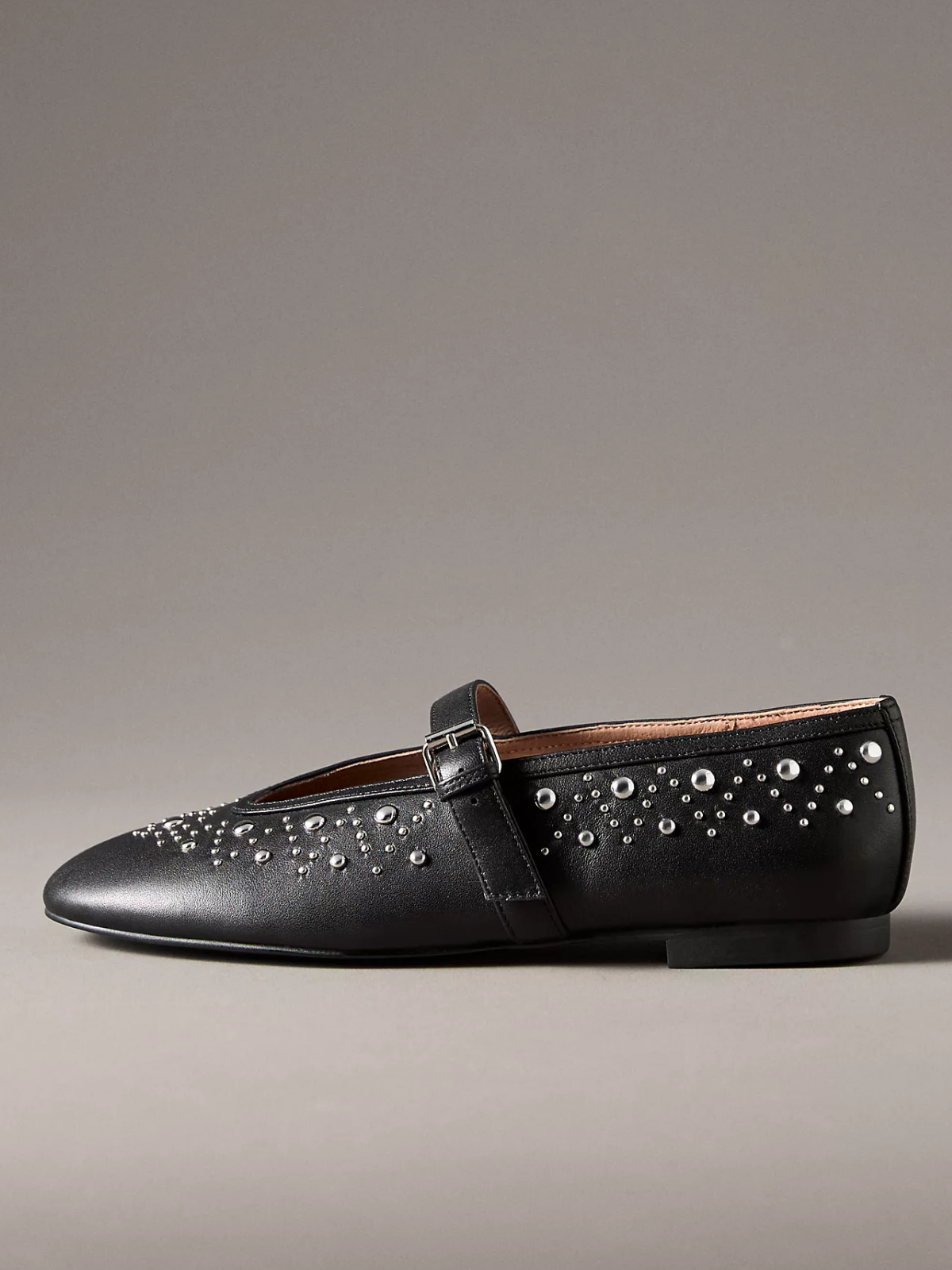 Square-Toe Studded Ballet Mary Janes Flats - Black