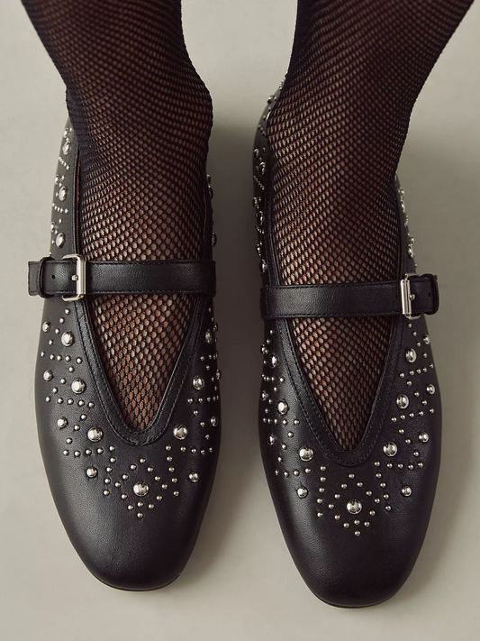 Square-Toe Studded Ballet Mary Janes Flats - Black