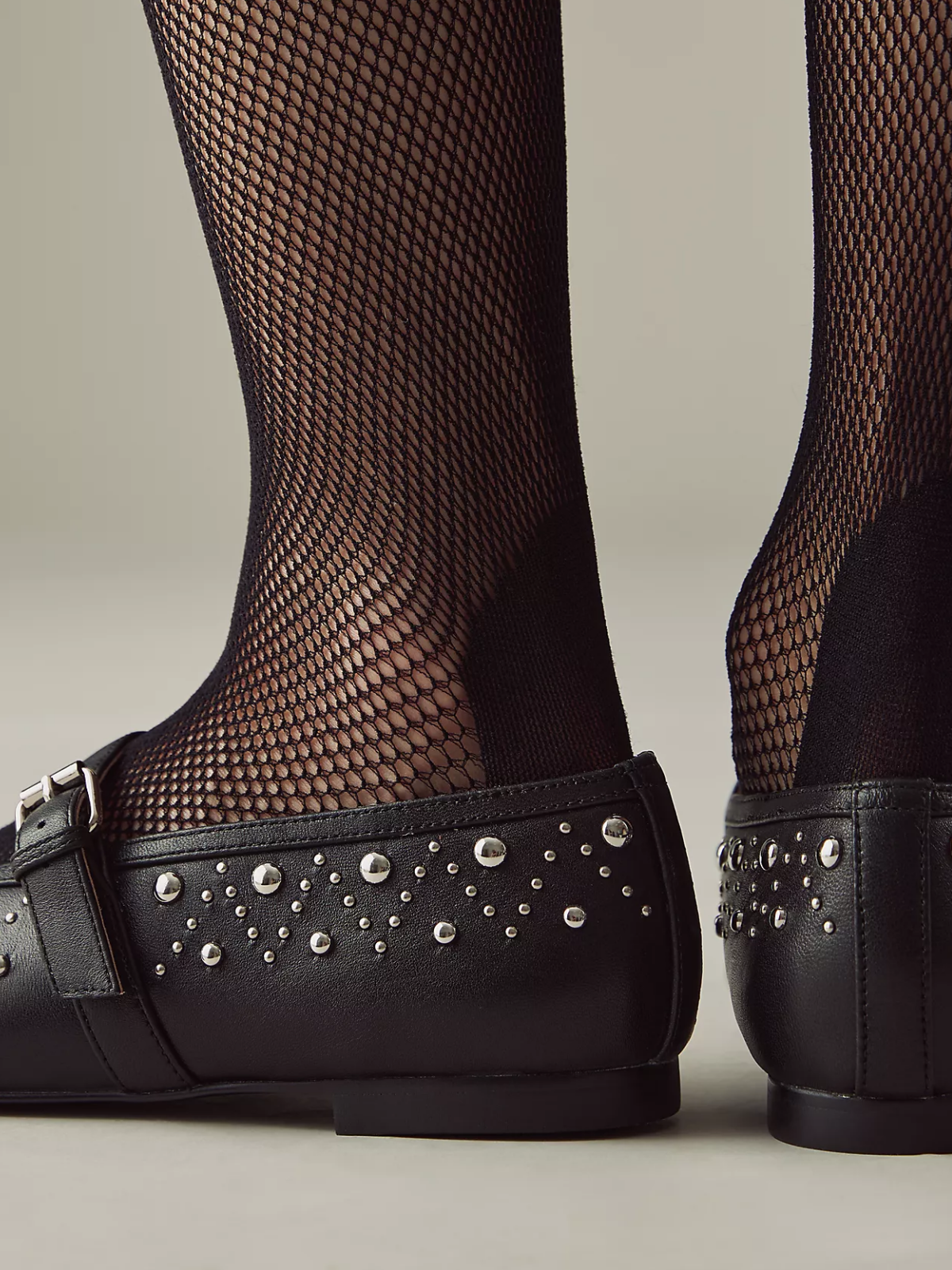 Square-Toe Studded Ballet Mary Janes Flats - Black