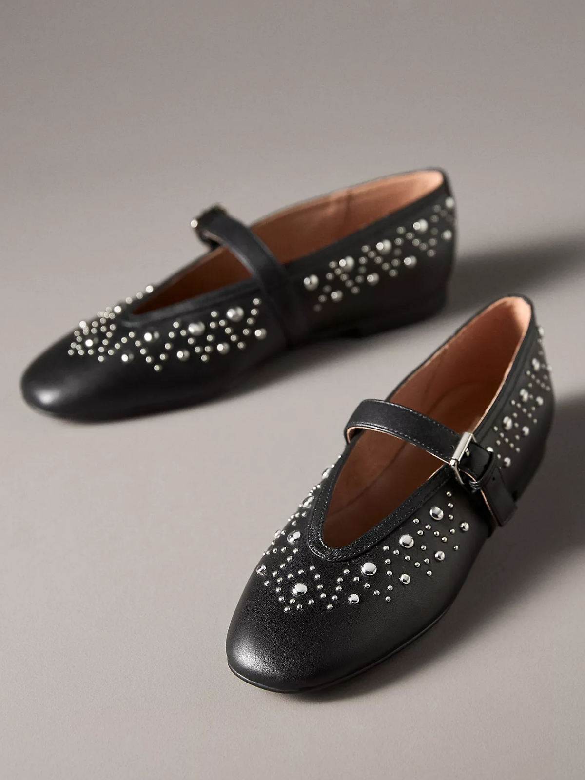 Square-Toe Studded Ballet Mary Janes Flats - Black