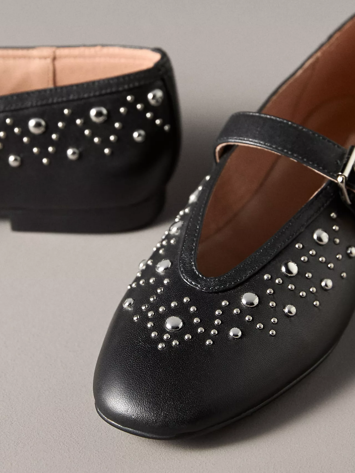 Square-Toe Studded Ballet Mary Janes Flats - Black