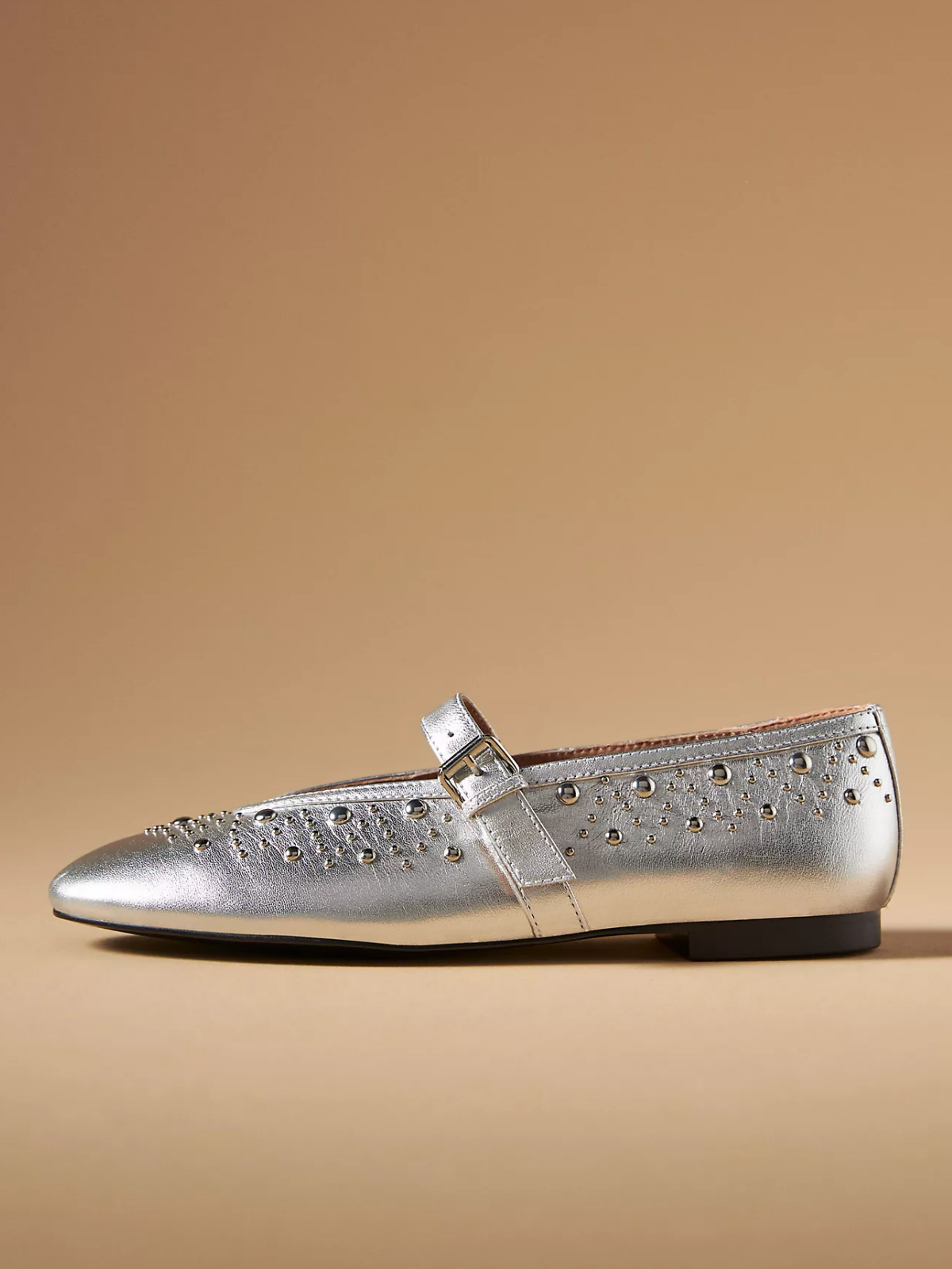 Square-Toe Studded Ballet Mary Janes Flats - Metallic Silver