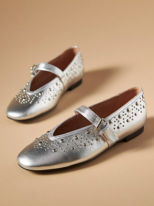 Square-Toe Studded Ballet Mary Janes Flats - Metallic Silver