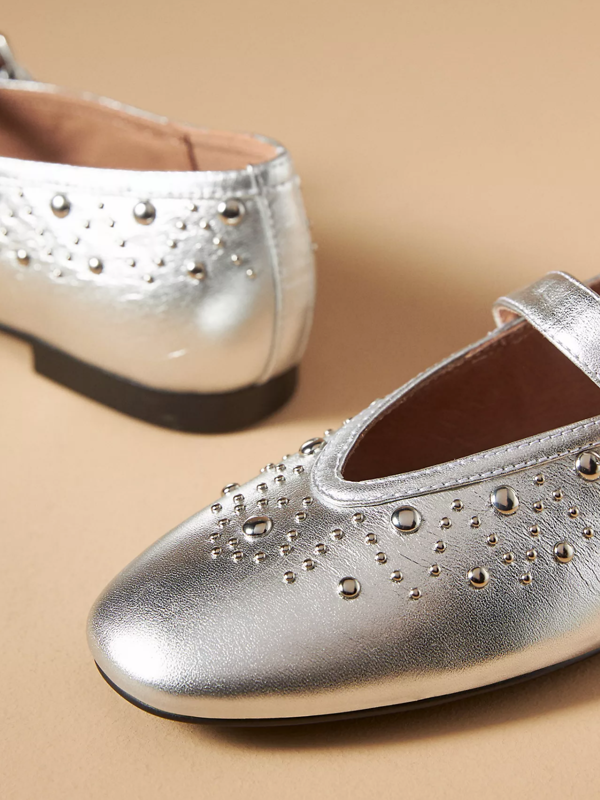 Square-Toe Studded Ballet Mary Janes Flats - Metallic Silver