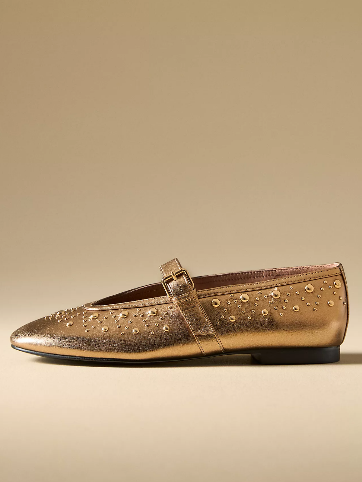 Square-Toe Studded Ballet Mary Janes Flats - Metallic Gold