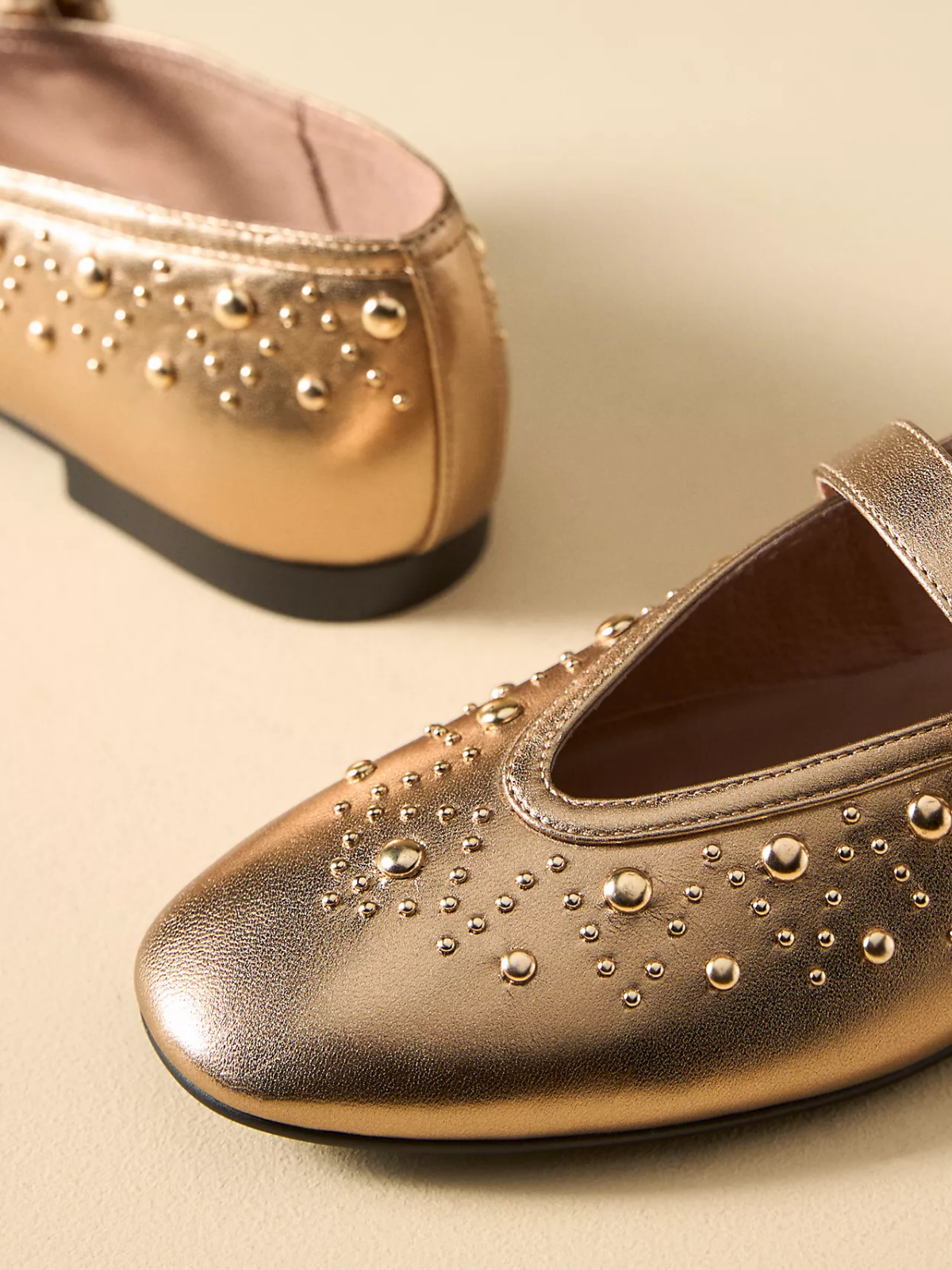 Square-Toe Studded Ballet Mary Janes Flats - Metallic Gold