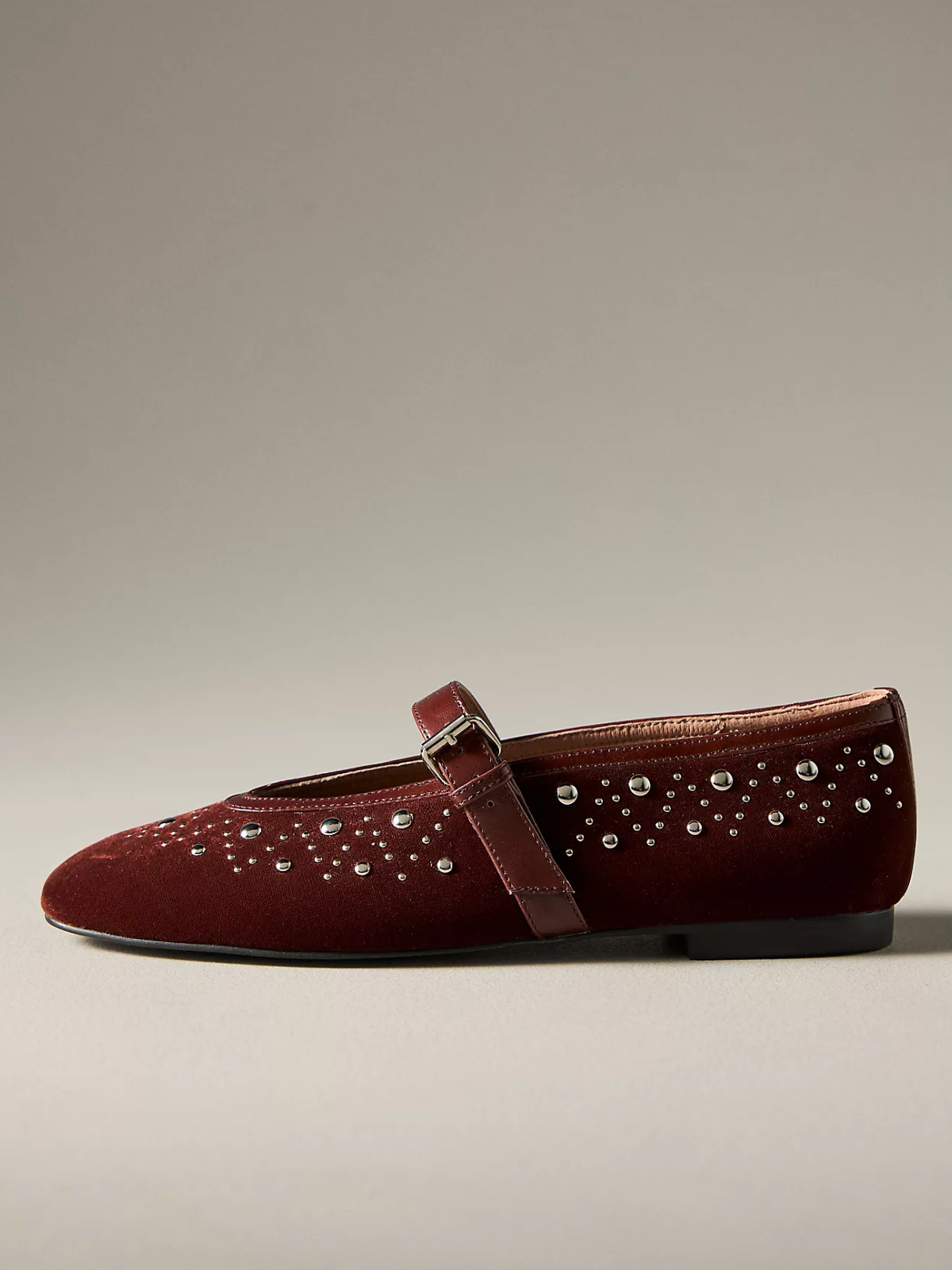 Square-Toe Studded Ballet Mary Janes Flats - Wine Red Velvet