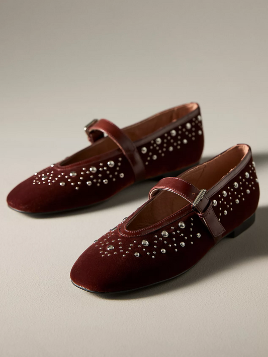 Square-Toe Studded Ballet Mary Janes Flats - Wine Red Velvet