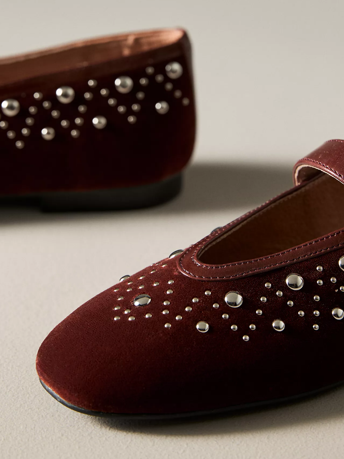 Square-Toe Studded Ballet Mary Janes Flats - Wine Red Velvet