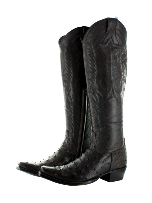 Chocolate Contrast Vegan Leather And Ostrich-Textured Snip-Toe Embroidery Half-Zip Knee High Cowgirl Boots