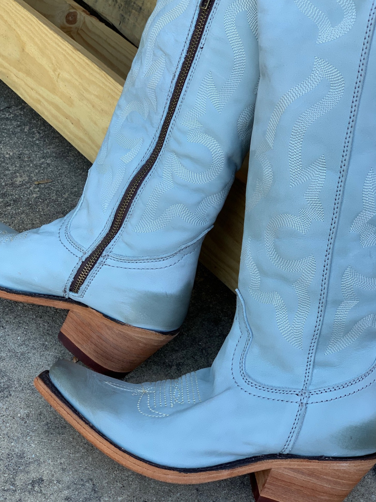 Light Blue Embroidery Pointed-Toe Half-Zip Over-The-Knee Cowgirl Boots