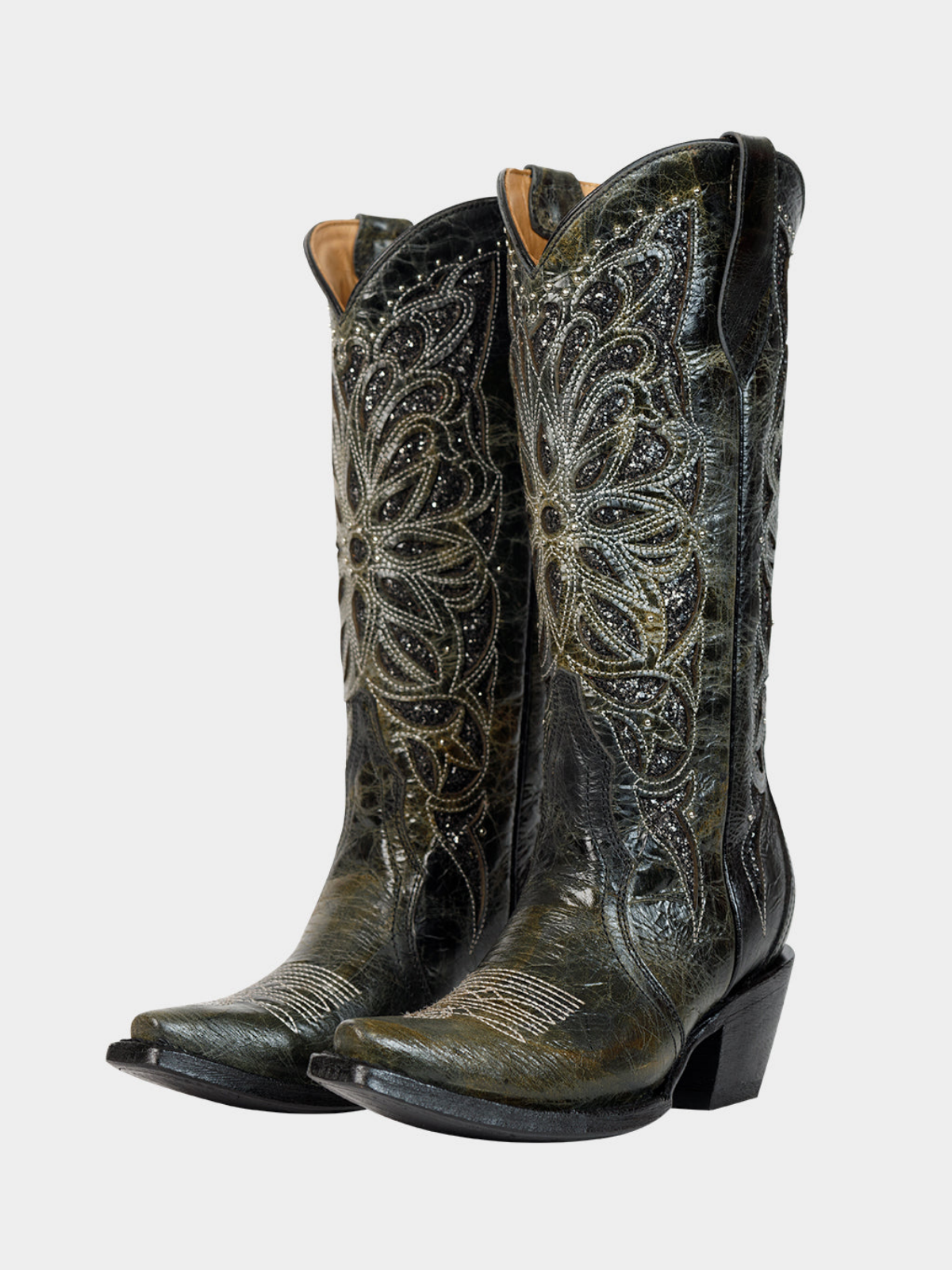 Distressed Black Snip-Toe Studded Embroidery Glitter Inlay Wide Mid Calf Tall Cowgirl Boots