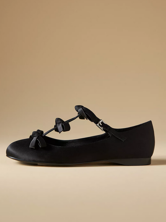 Black Cloth Square-Toe Bow Front Strap Ballet Flats